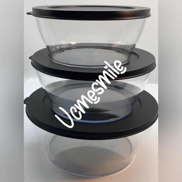 Tupperware New Set of 3 Clearly Elegant Acrylic Century Clear Bowls & Black Seal - Picture 7 of 8